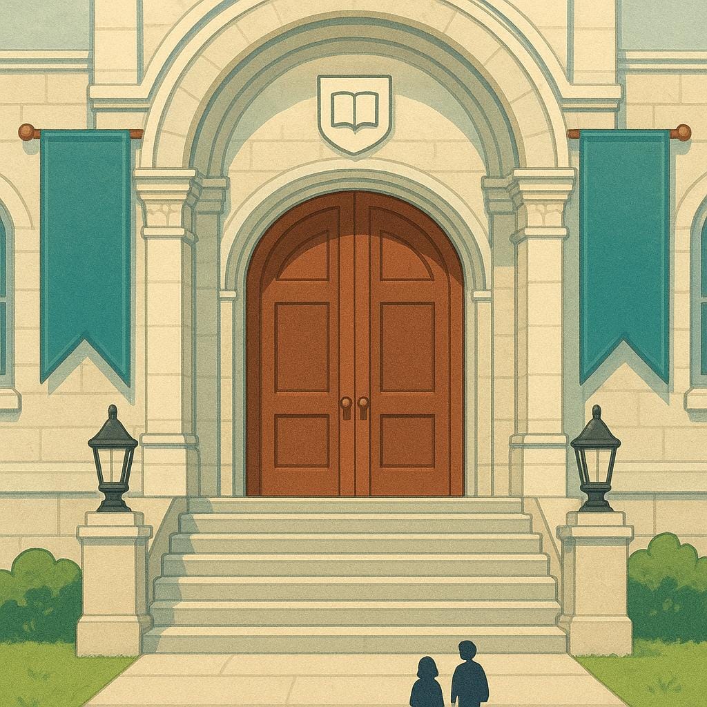 A stylized illustration of the grand entrance to a university building with columns, representing a university division.