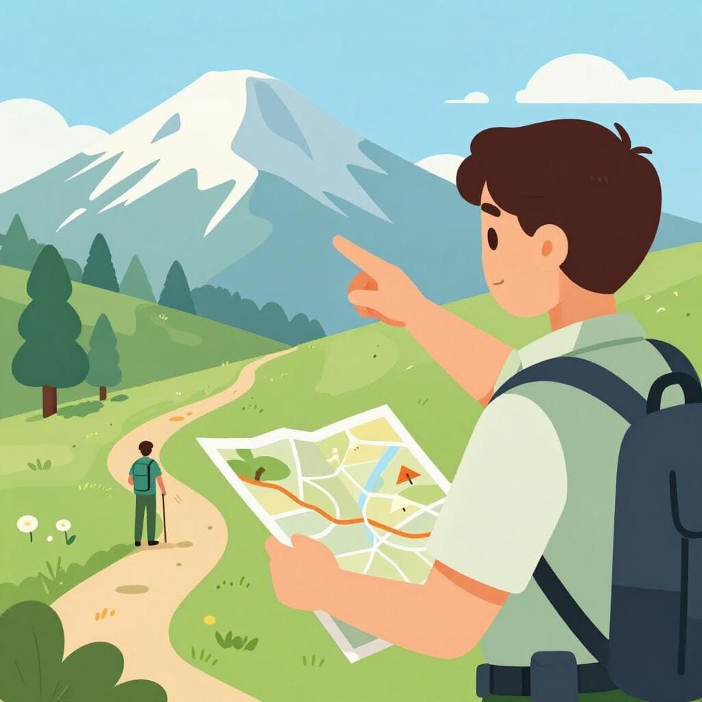 A person in a high-visibility vest showing a map and pointing a direction to a hiker.