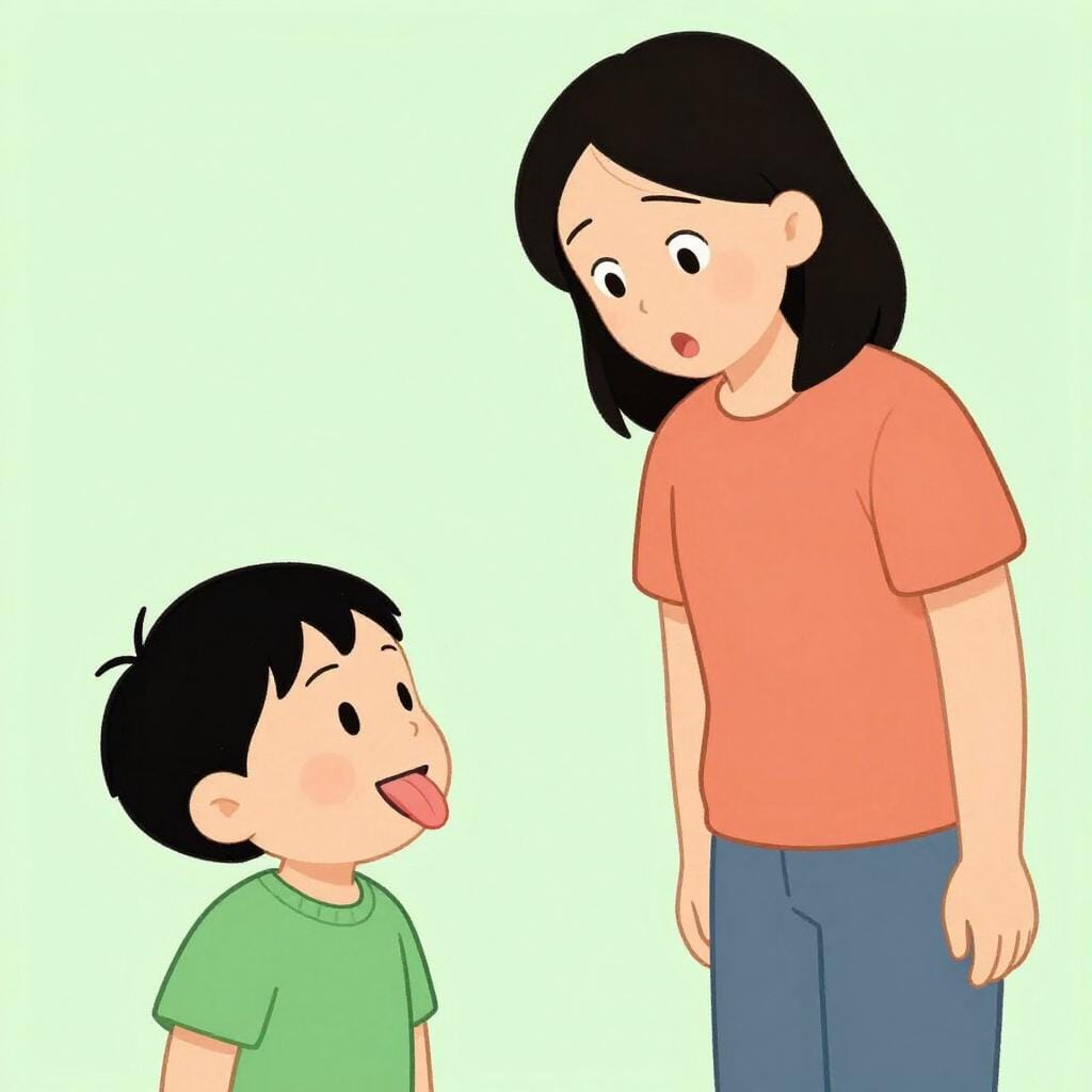 子供が大人の顔に舌を出している。