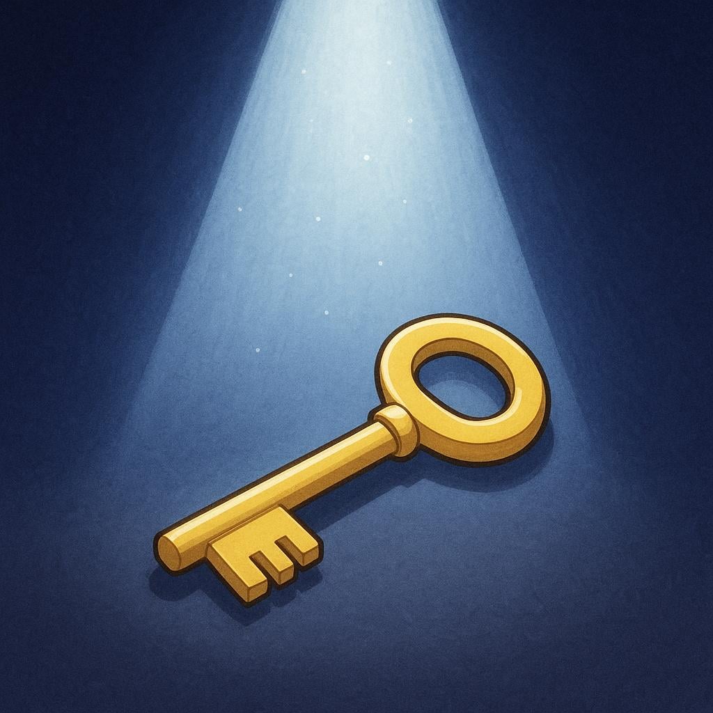 A focused beam of light shining down onto a prominent, simple golden key resting on a dark pedestal, emphasizing that the key is clearly revealed.