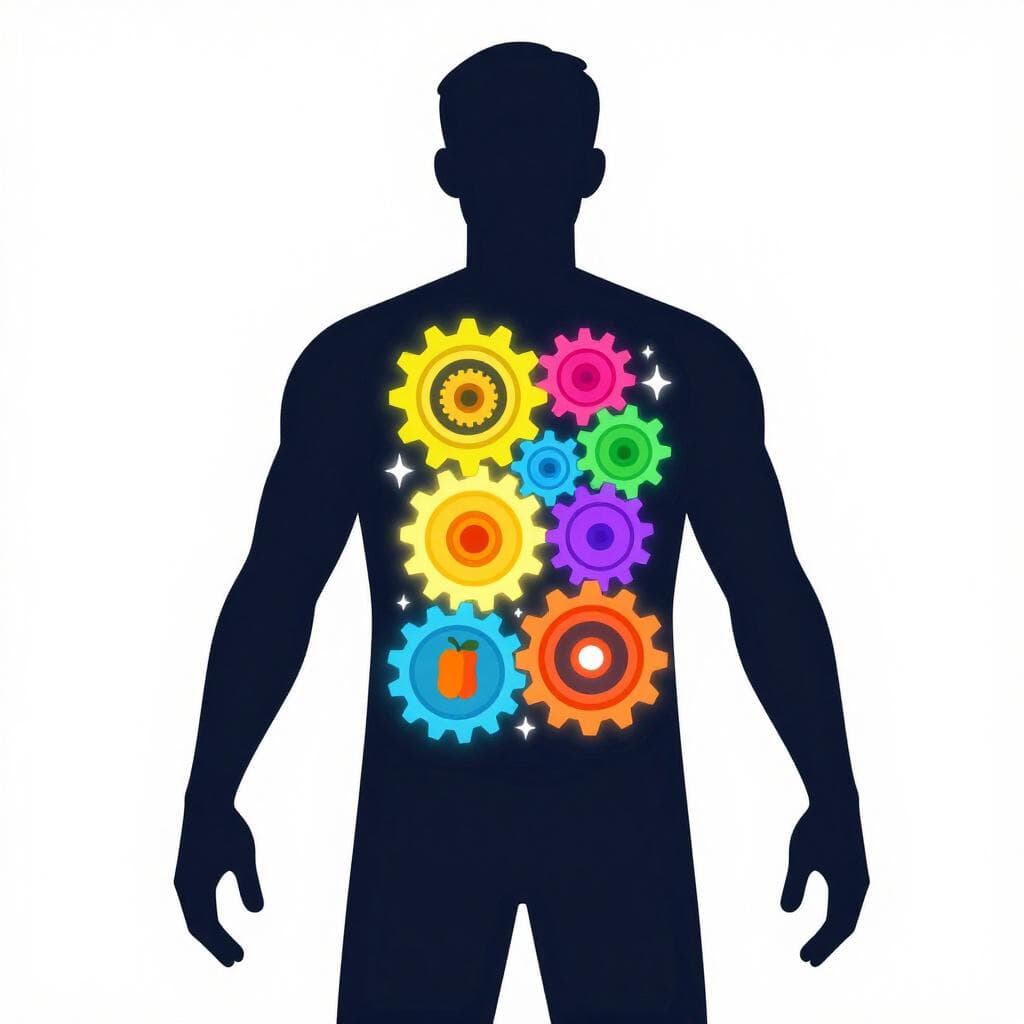 Une illustration colorée d'une silhouette humaine lumineuse avec des engrenages à l'intérieur de sa poitrine et de son estomac, représentant la conversion d'énergie.