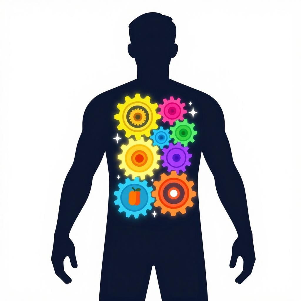 Une illustration colorée d'une silhouette humaine lumineuse avec des engrenages à l'intérieur de sa poitrine et de son estomac, représentant la conversion d'énergie.