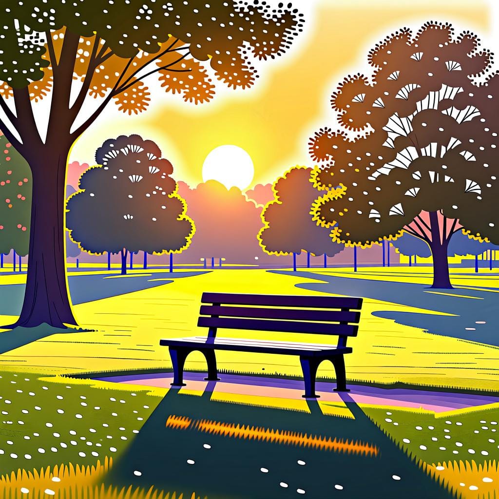 A park scene bathed in warm, golden afternoon light, showing long shadows cast by trees and a few people enjoying the late day.