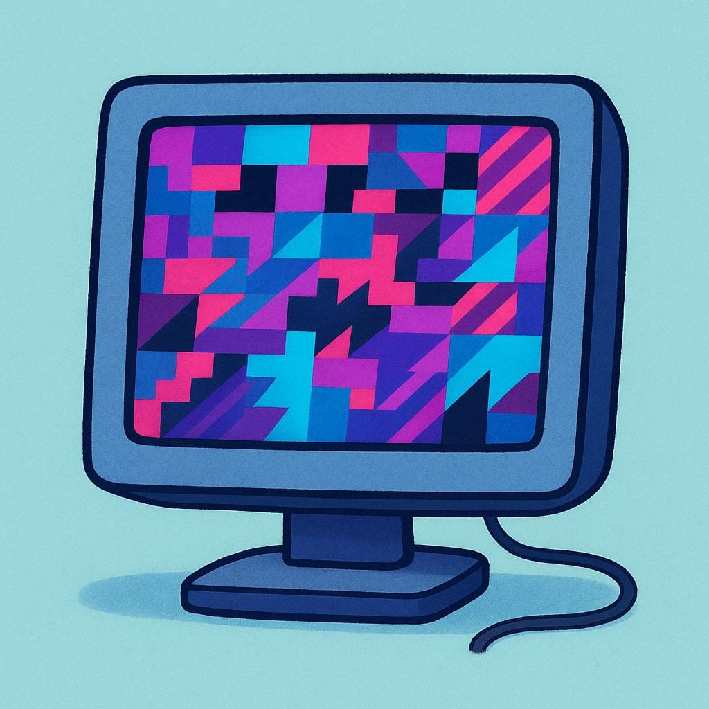A stylized, simple computer monitor displaying a static, glitching geometric pattern, indicating the system is frozen.