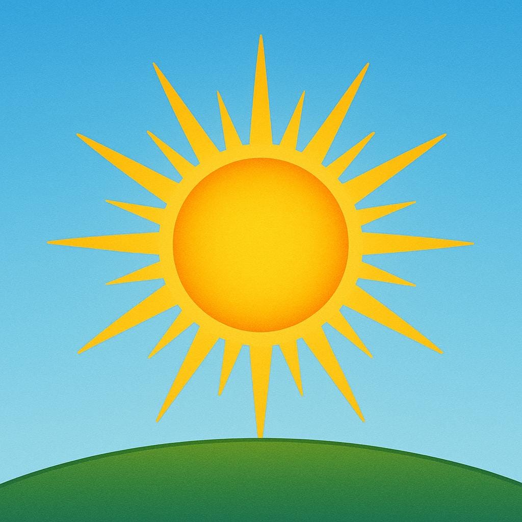 A powerful, golden sun shown clearly and brightly rising above a smooth, dark blue horizon.