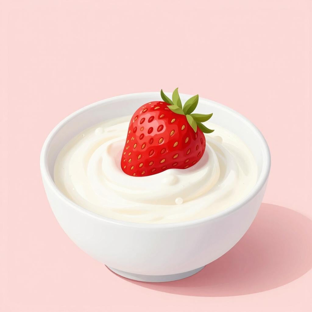 A small ceramic bowl filled with smooth white yogurt, topped with a single fresh red strawberry.