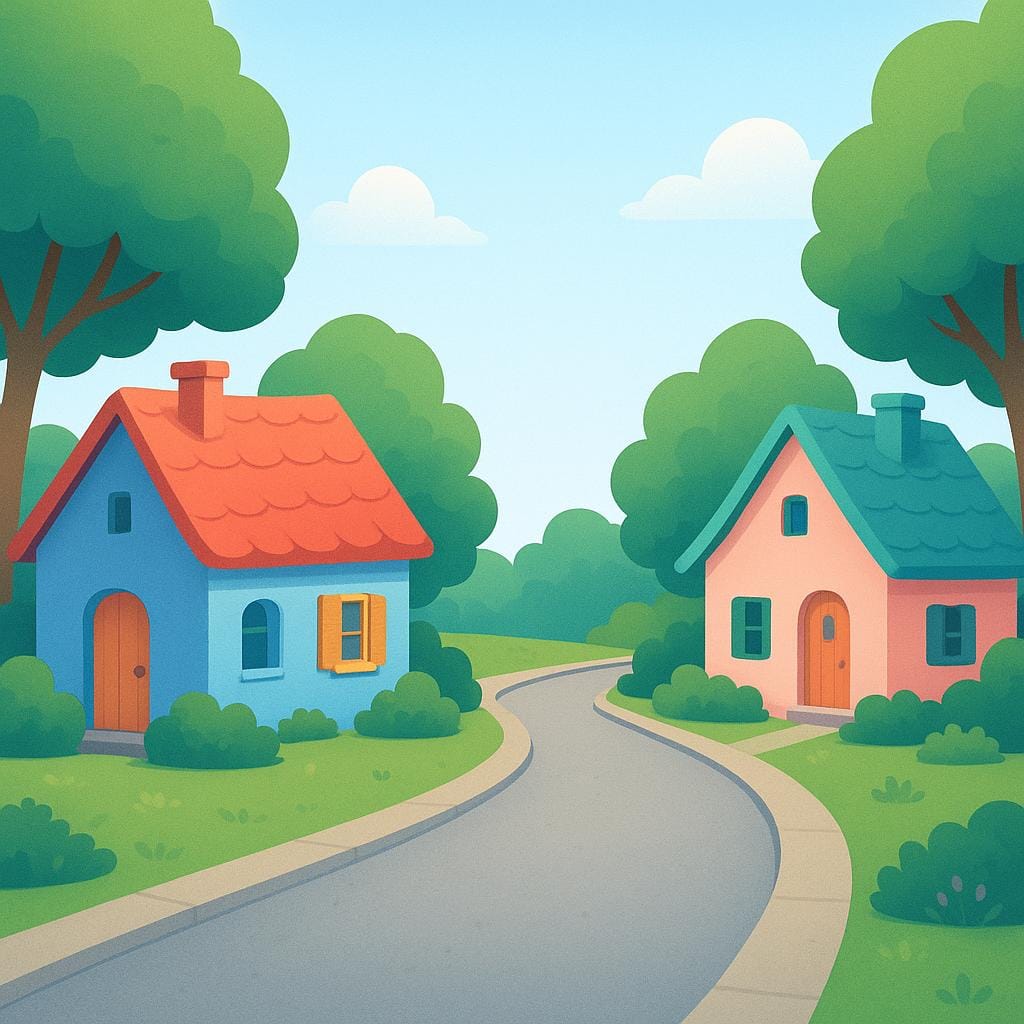 Uma rua residencial estreita e tranquila que serpenteia entre casas pequenas e coloridas, ilustrando uma rua privada.