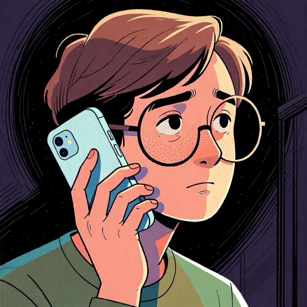 A person holding a phone to their ear, with a slightly paused or thoughtful expression.