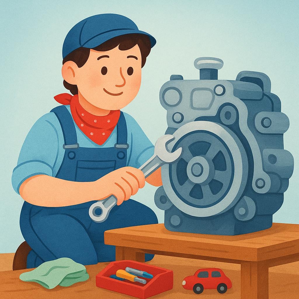 A smiling person dressed in blue overalls and a baseball cap, representing a mechanic, is tightening a large bolt on a metallic engine using a silver wrench.