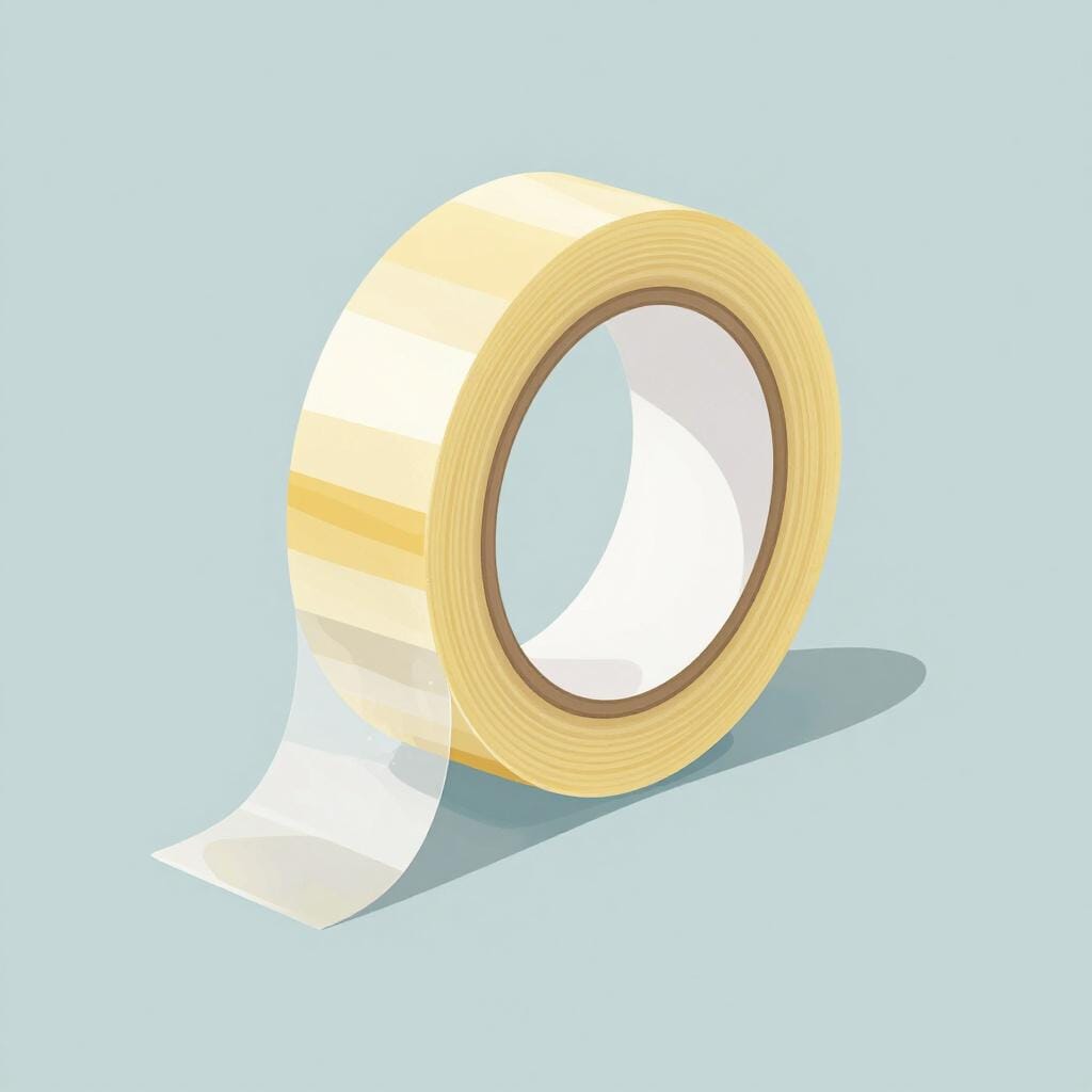 A roll of clear shiny plastic adhesive tape sitting on a wooden table.