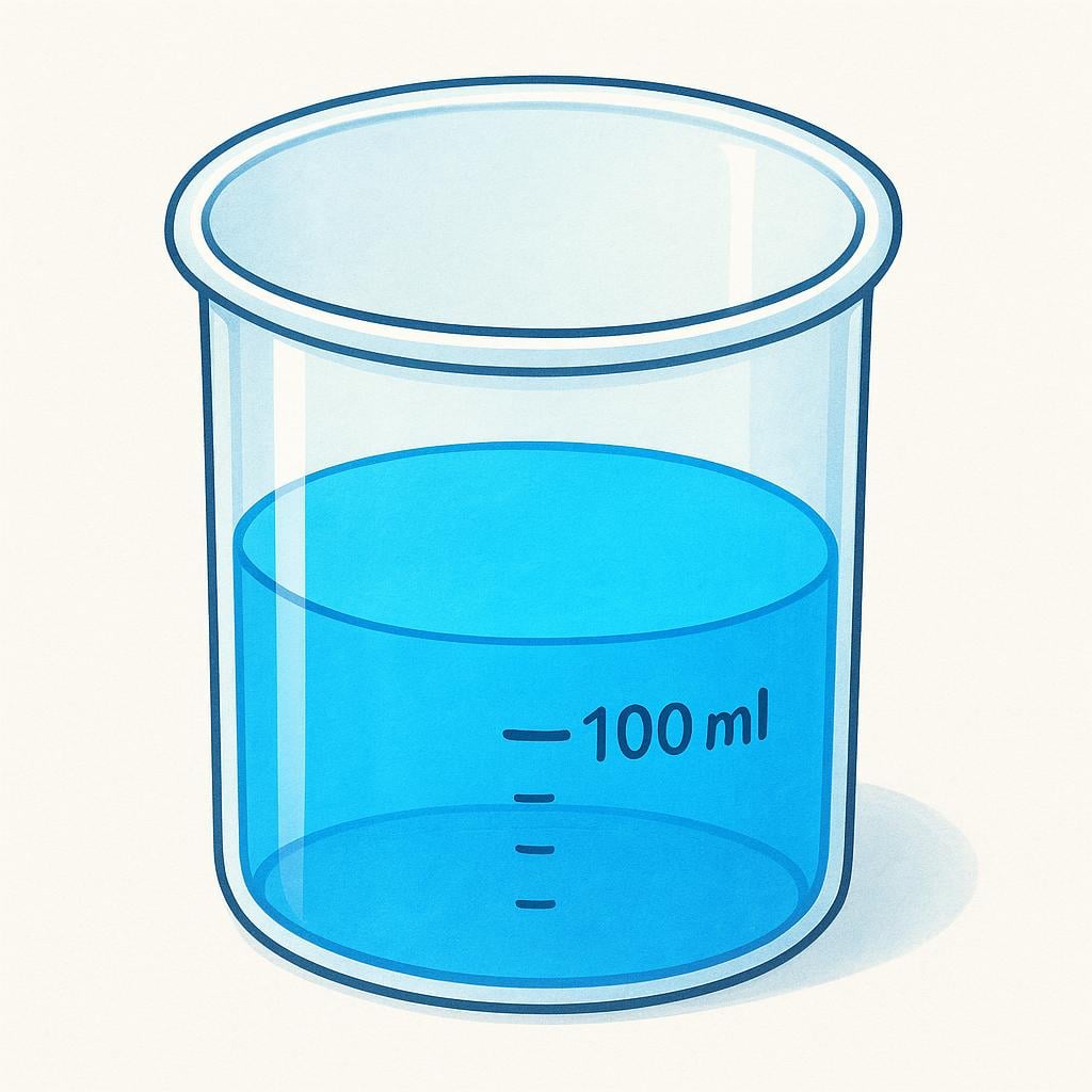 A transparent glass jug partially filled with bright blue liquid, designed to measure volume.