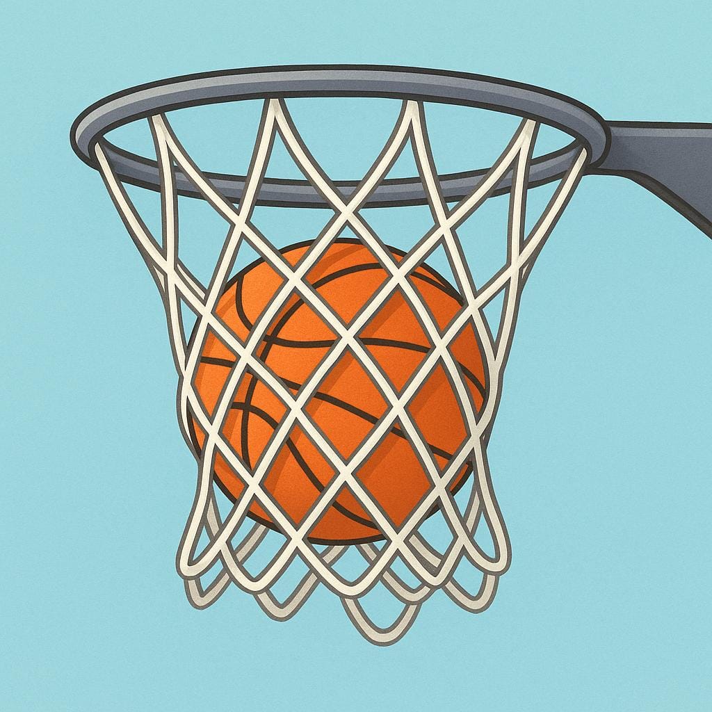 A bright orange basketball sinking cleanly through a white net attached to a metal basketball hoop.