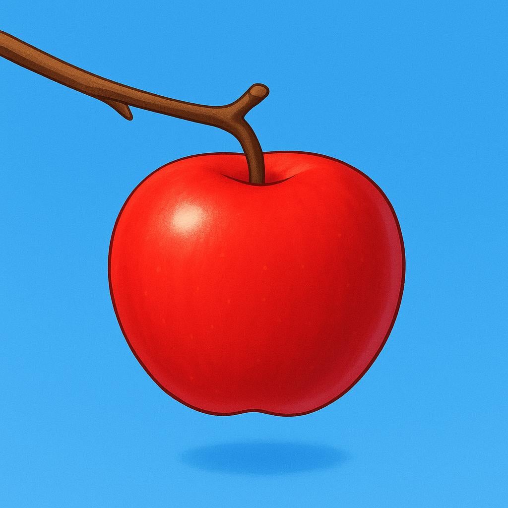 A single, plump, shiny red apple hanging ripe on a minimal tree branch, representing an unexpected gift or good fortune.