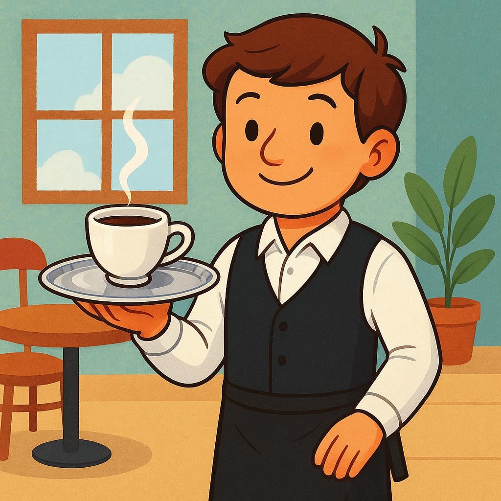 A waiter in a uniform holding a silver tray with a single steaming cup of coffee on it, ready to serve.