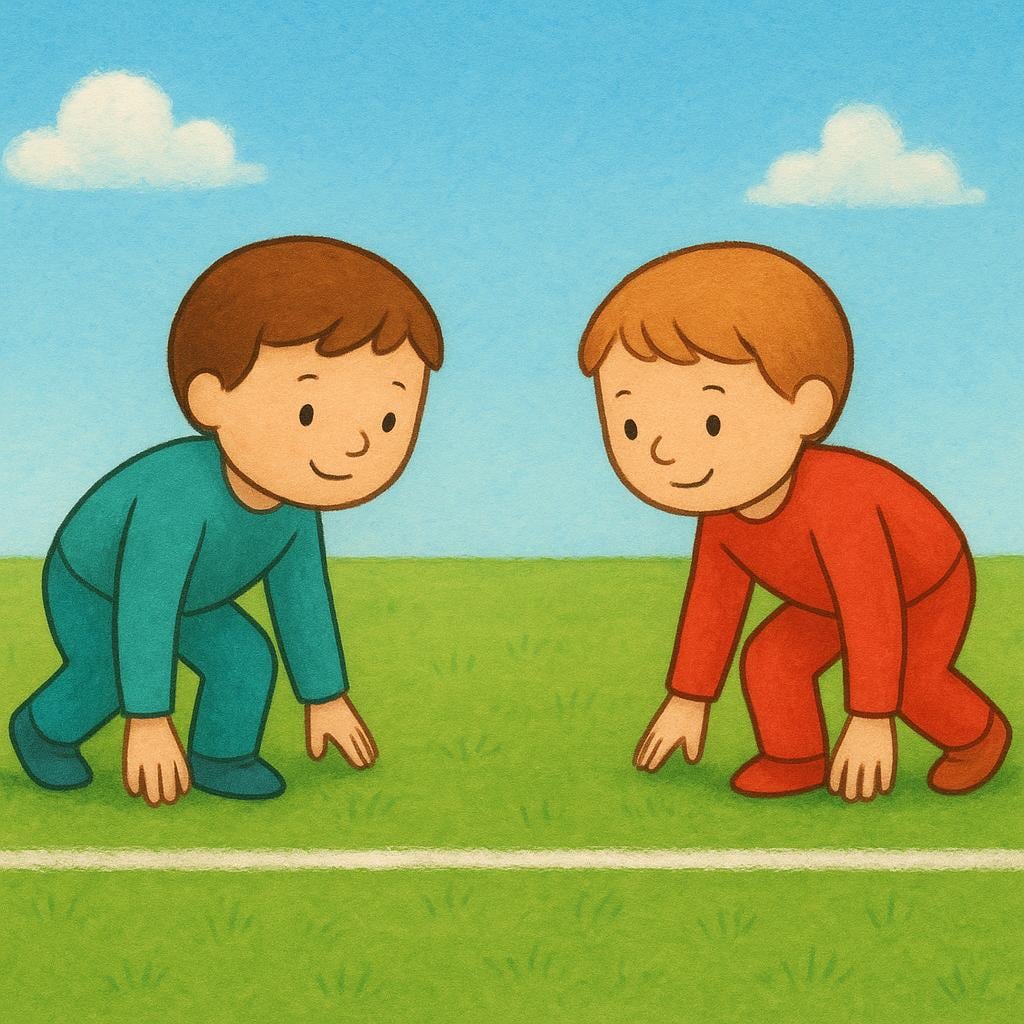 Two cartoonish runners poised at a starting line marked on the ground, leaning forward, ready to begin running.