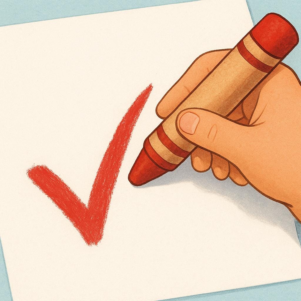 A cartoon hand holding a thick red crayon, actively drawing a prominent, visible red checkmark onto a plain white surface.