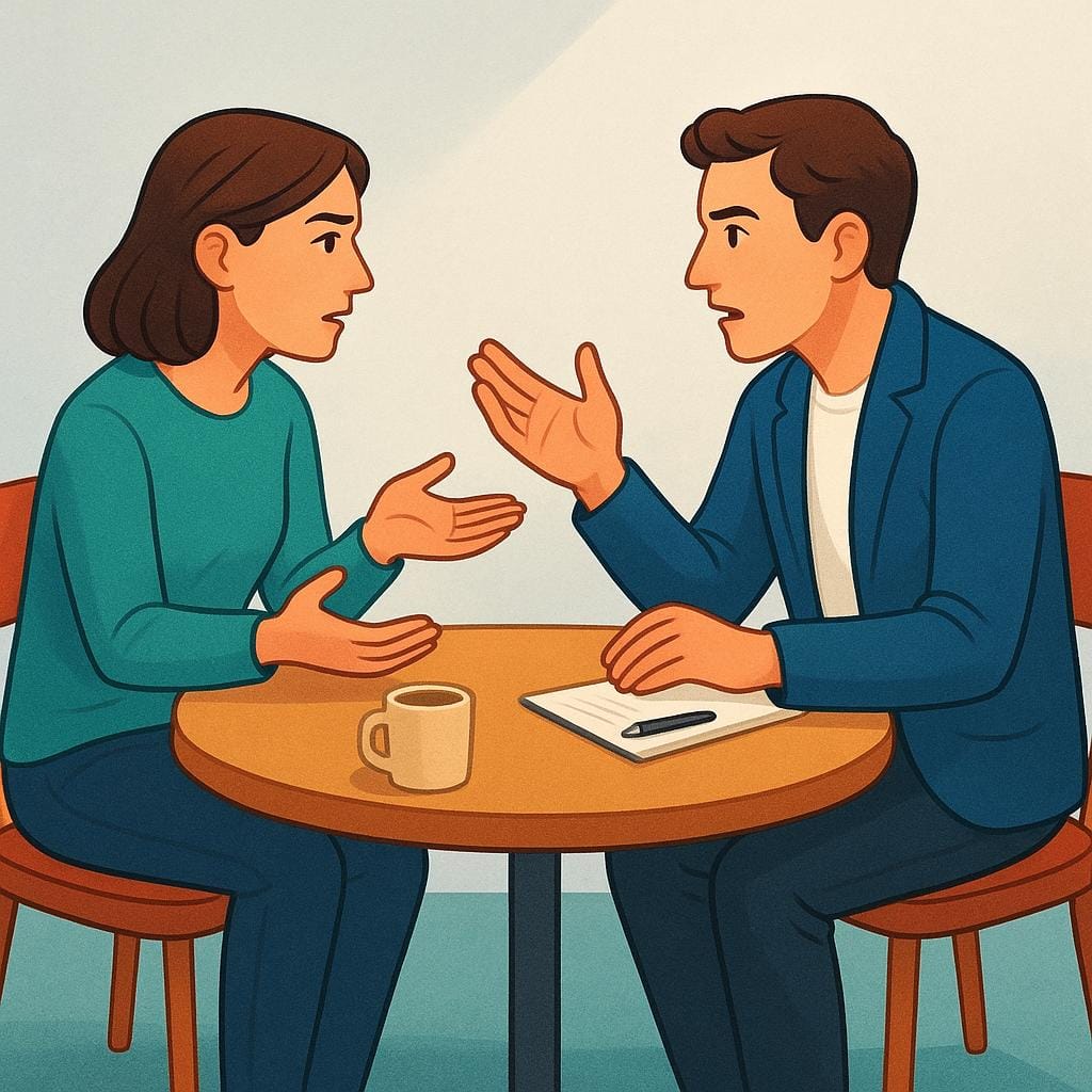 Illustration of two stylized people sitting at a table, gesturing emphatically while engaged in a serious discussion.