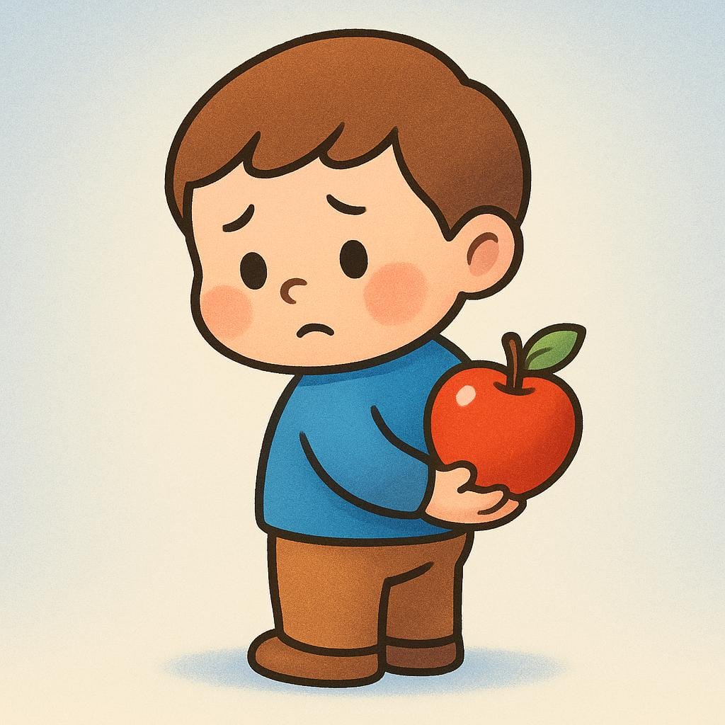 A simple cartoon figure standing awkwardly, hiding a single bright red apple behind their back, illustrating a moral transgression or sin.