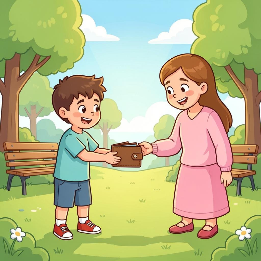 A child returning a dropped wallet to a smiling adult in a park.