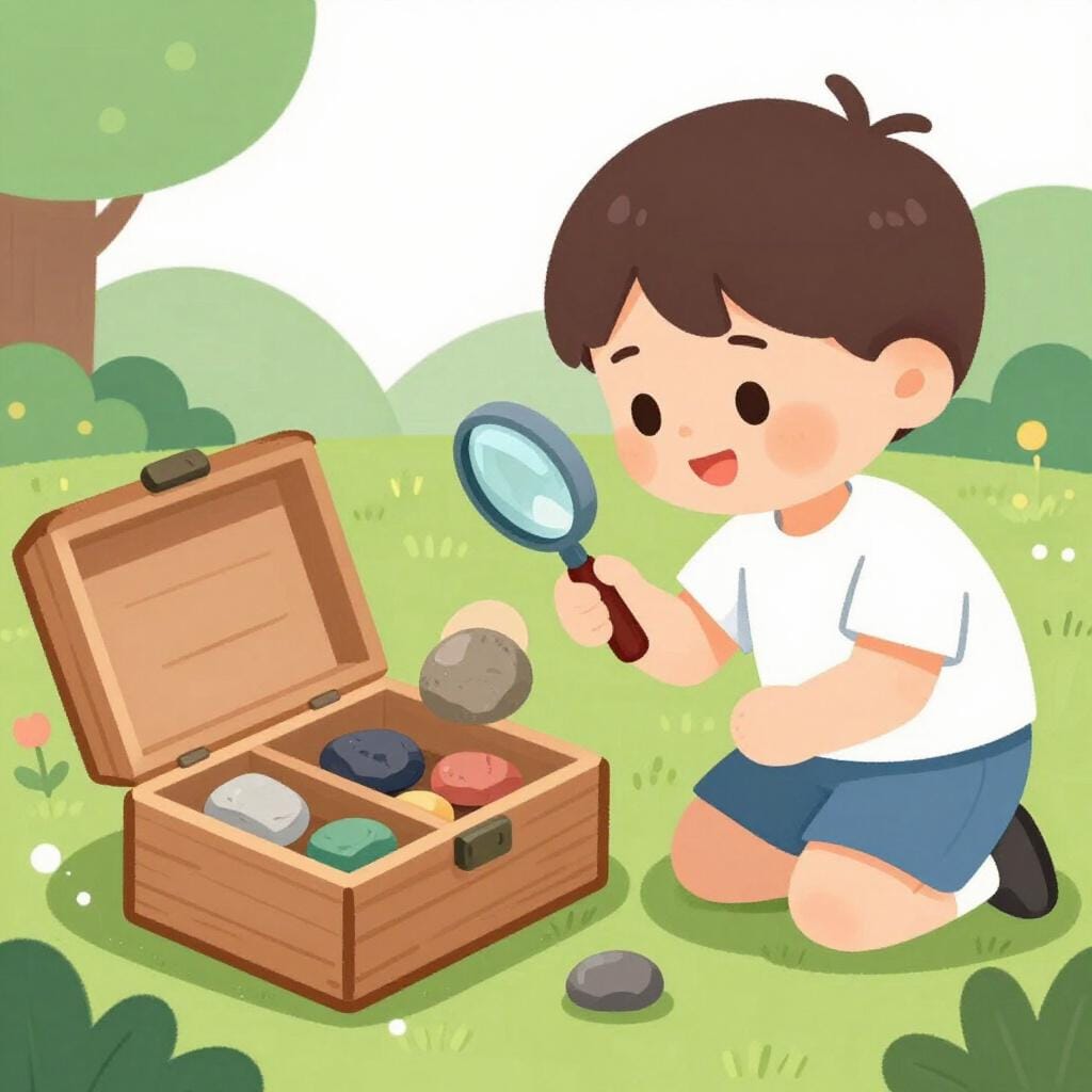 A child wearing a sun hat and holding a magnifying glass, looking for unique rocks to put in a small wooden box.