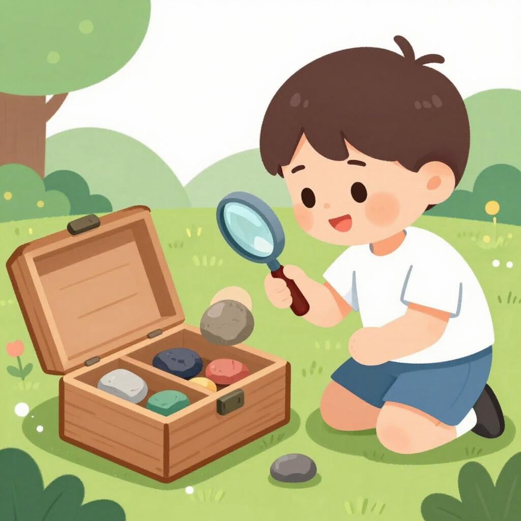 A child wearing a sun hat and holding a magnifying glass, looking for unique rocks to put in a small wooden box.