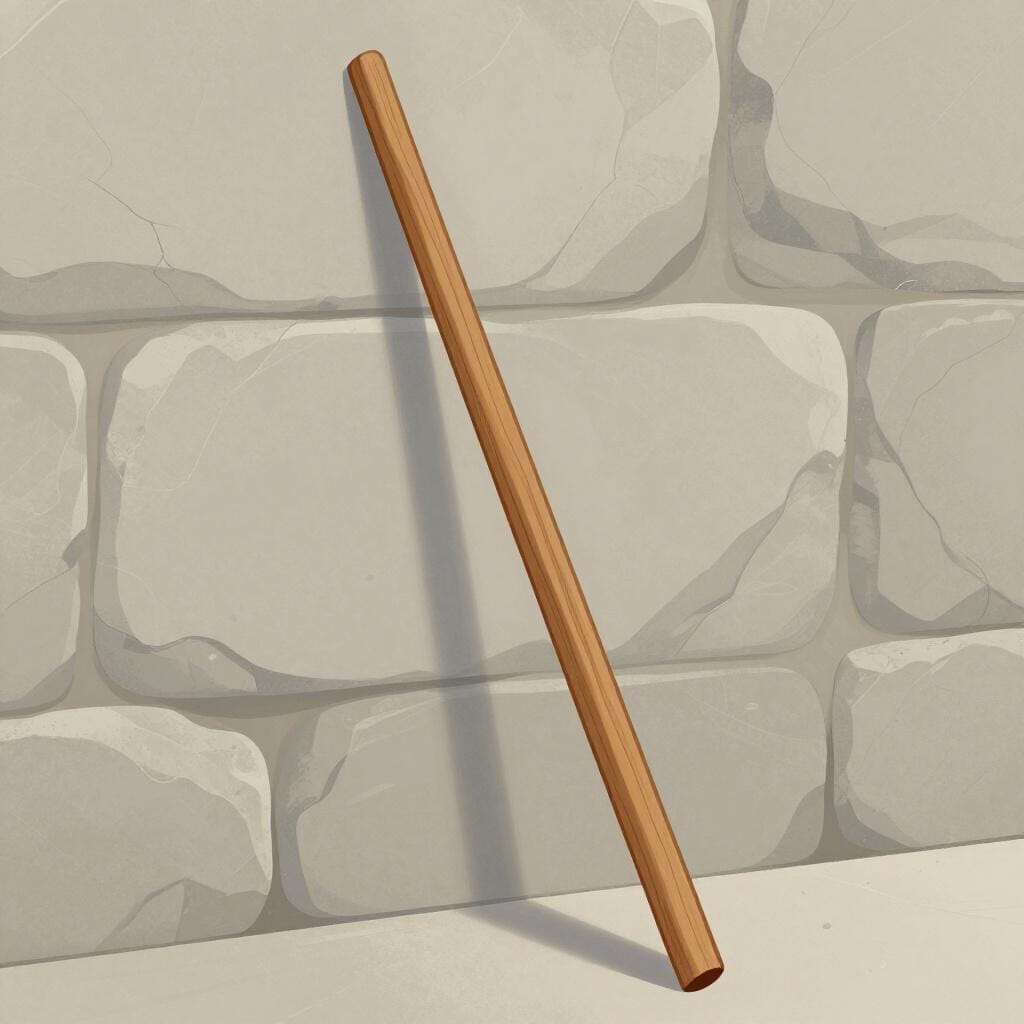 Une longue tige en bois lisse appuyée contre un mur de pierre.