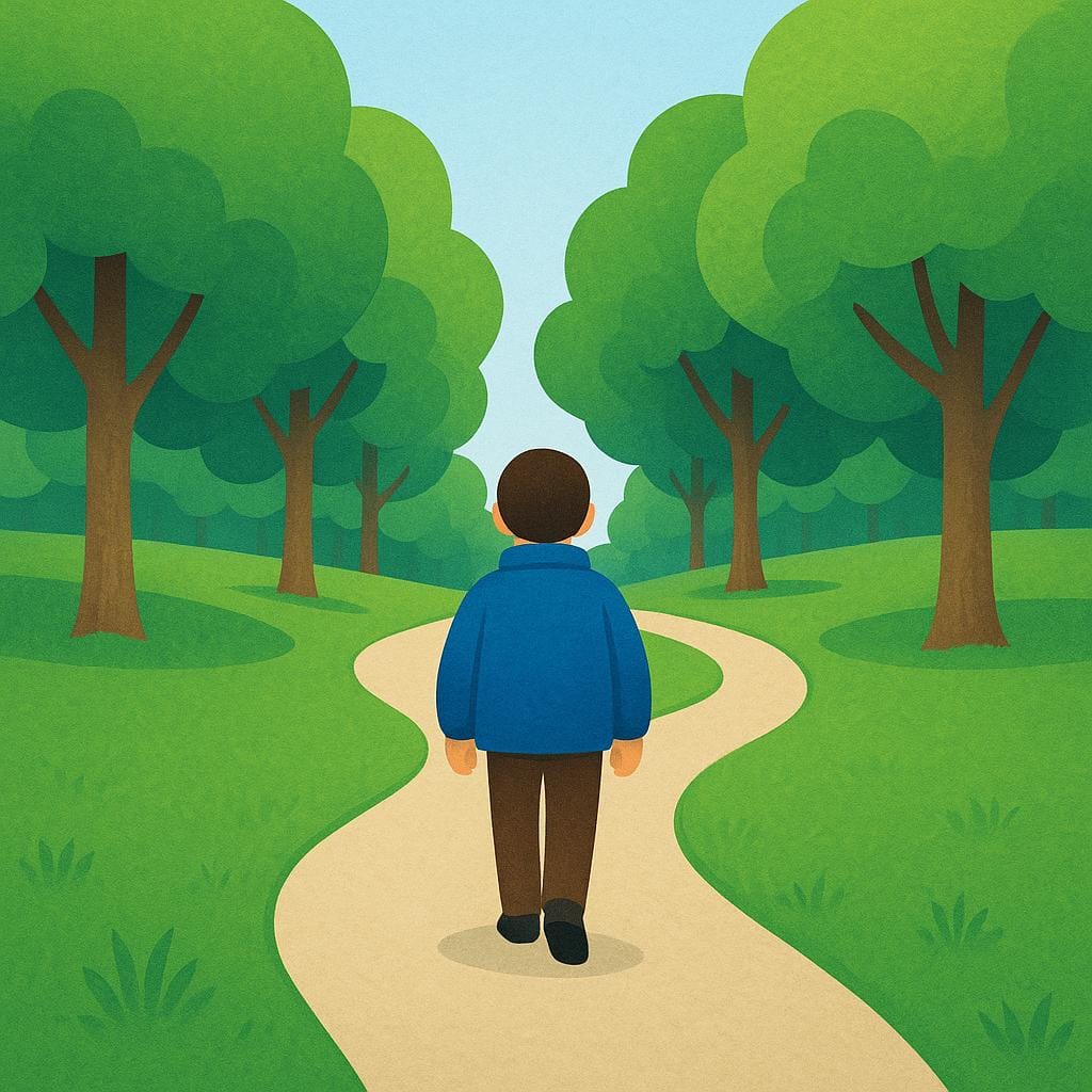 Een gestileerd figuur loopt alleen over een kronkelend pad omringd door groene bomen, genietend van een wandeling.