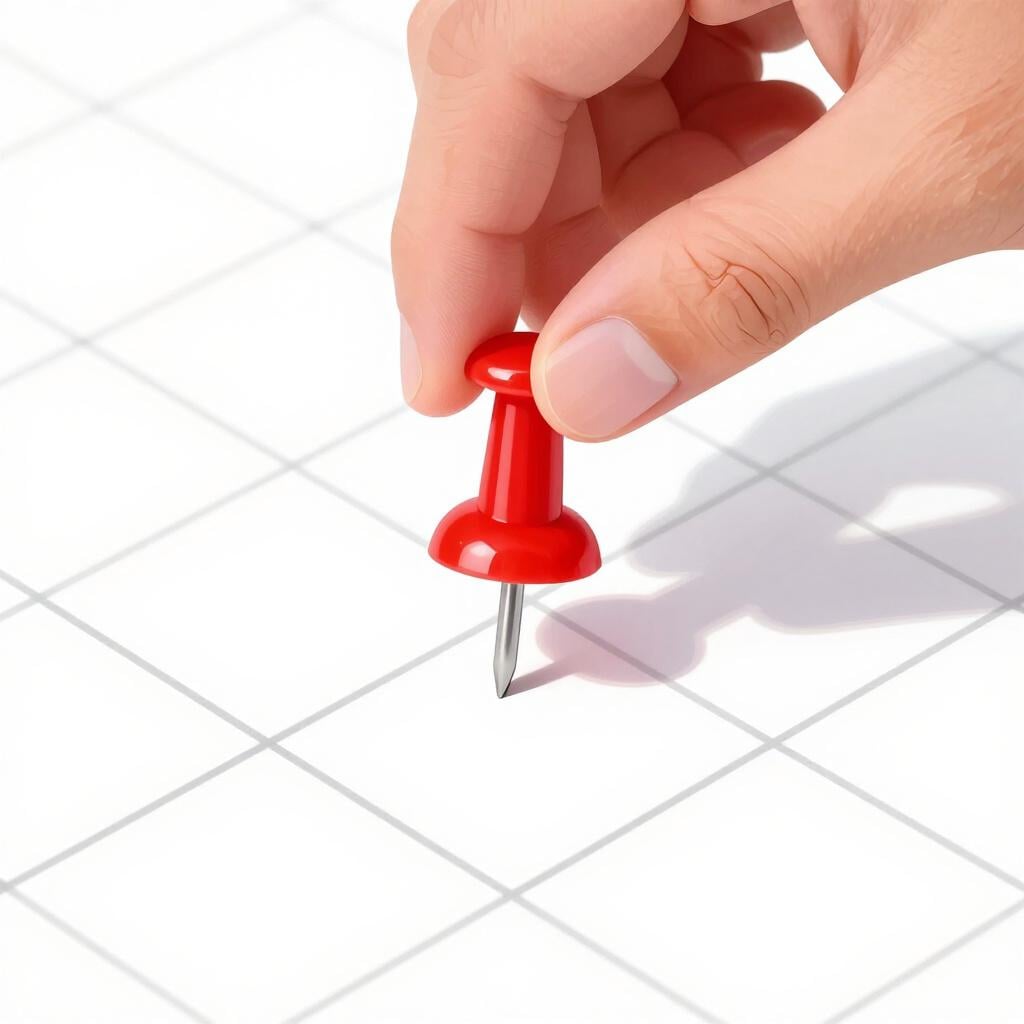 A hand placing a red pushpin onto a blank square on a white grid.