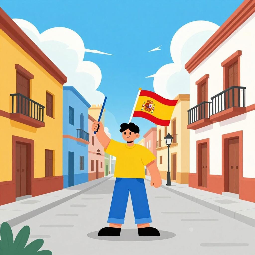 Een persoon die een kleine Spaanse vlag vasthoudt voor een kleurrijke straat in Buenos Aires.