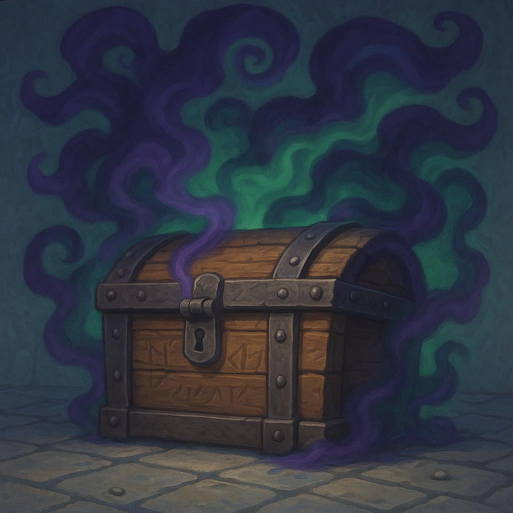 A simple, antique wooden treasure chest sits alone on a stone floor, emitting a swirling, ominous green and purple mist from its slightly opened lid, signifying a curse.