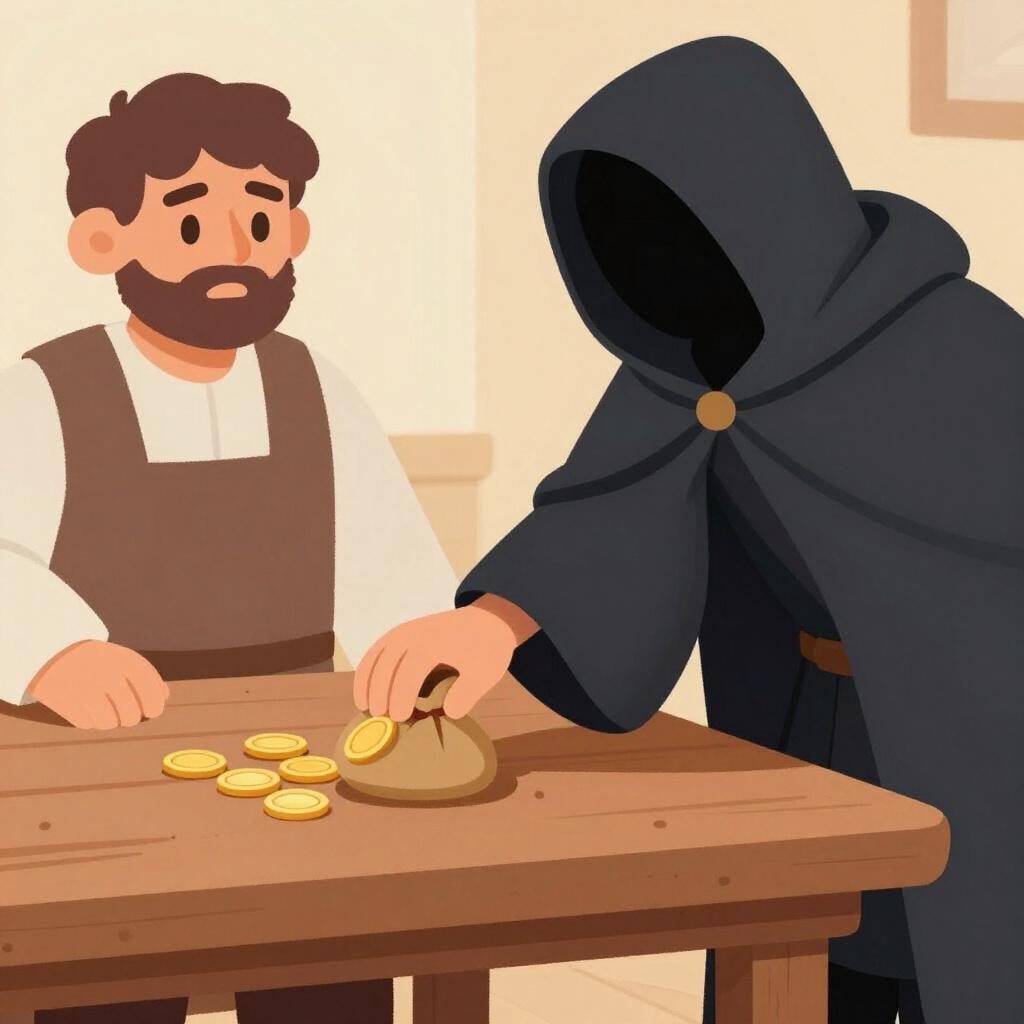 Eine Person in einem dunklen Umhang stiehlt eine kleine Tüte Münzen vom Tisch eines Verkäufers, während der Verkäufer wegschaut.