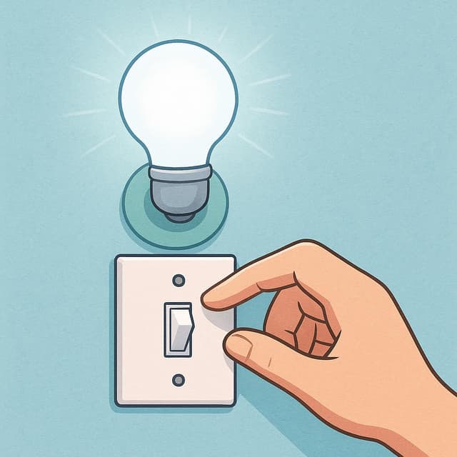 Eine Zeichentrickhand wird gezeigt, wie sie einen Lichtschalter von der Aus- in die Position Ein umlegt, wodurch eine helle Glühbirne darüber zu leuchten beginnt.