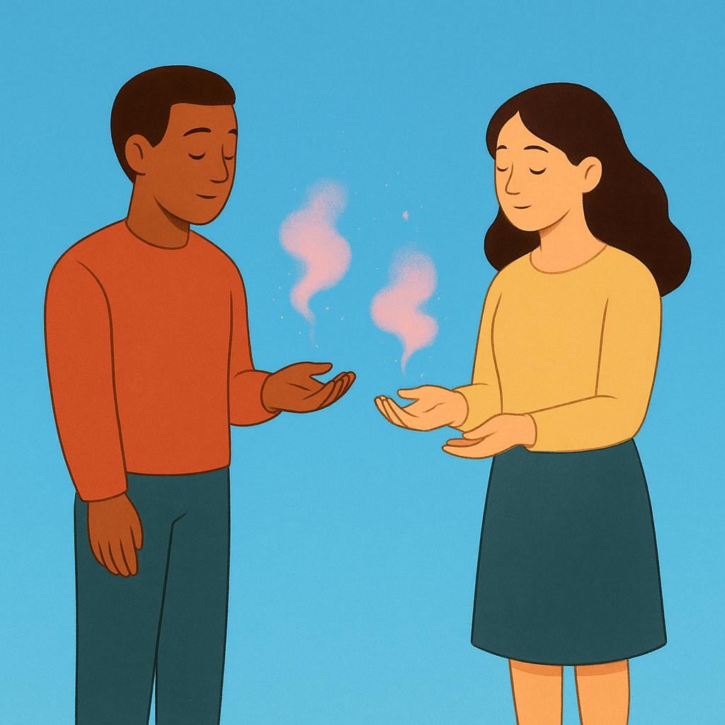 Two individuals release wispy pink clouds from their hands, symbolizing the act of intentionally forgetting or letting go of a memory.