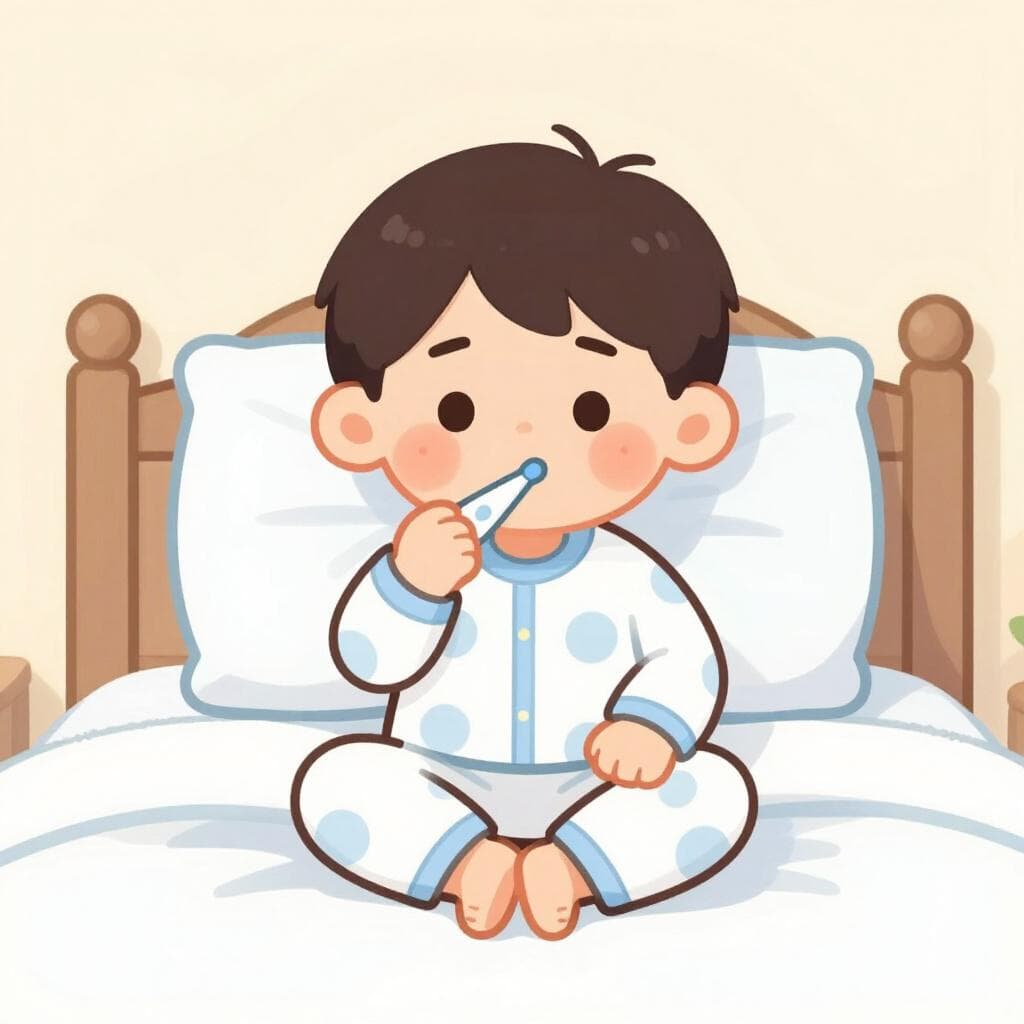 Un enfant assis dans un lit avec un thermomètre dans la bouche et les joues rouges.