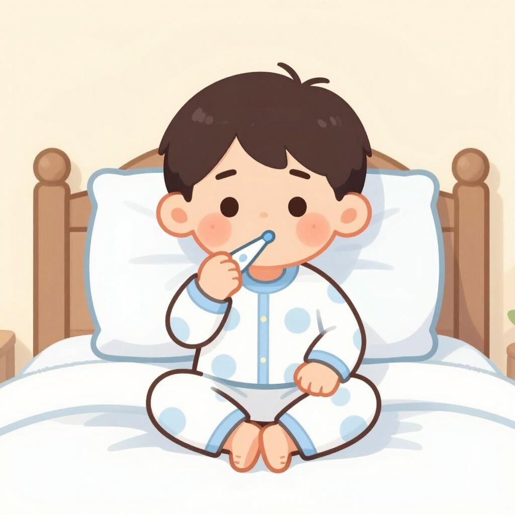 Un enfant assis dans un lit avec un thermomètre dans la bouche et les joues rouges.