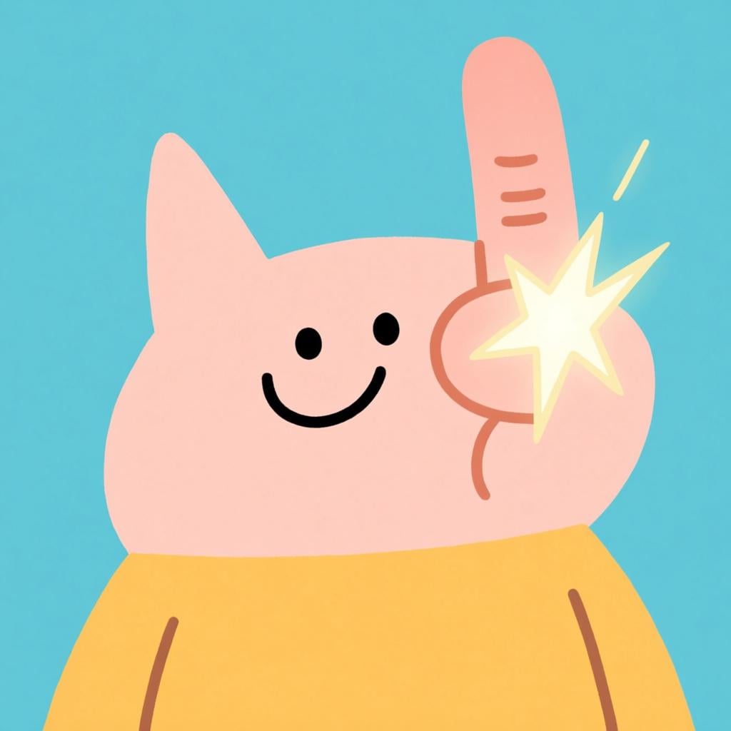 A friendly cartoon character quickly raising a single finger to signal a very brief pause or moment.