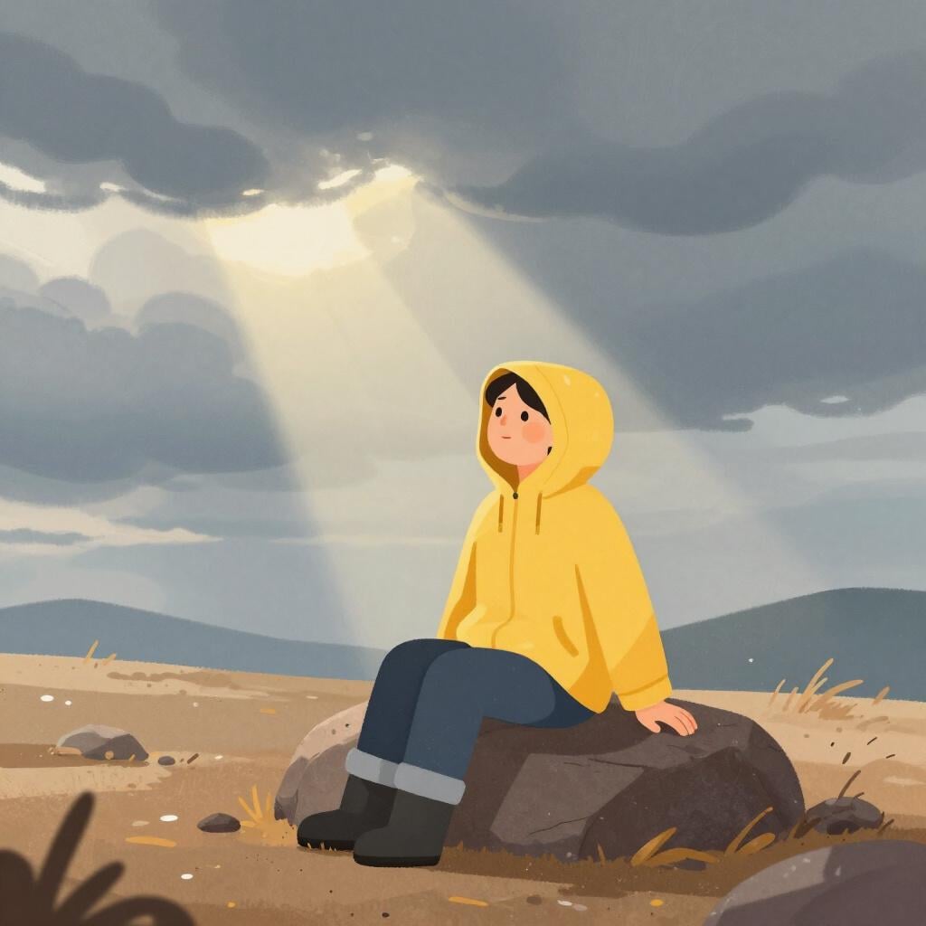 A hiker sitting safely on a rock after a storm, looking out at a valley.