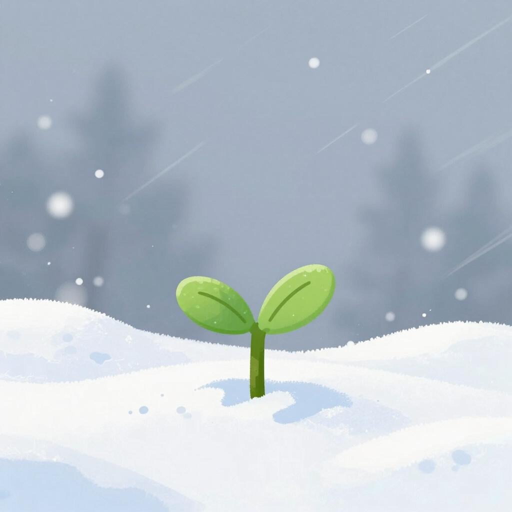 A tiny sprout enduring a heavy snowstorm and cold wind.