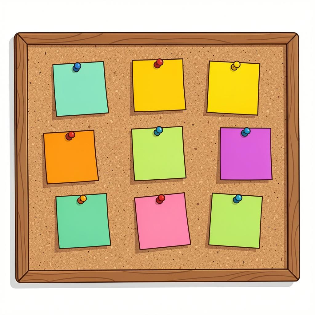 A cork board with several colorful papers pinned to it.