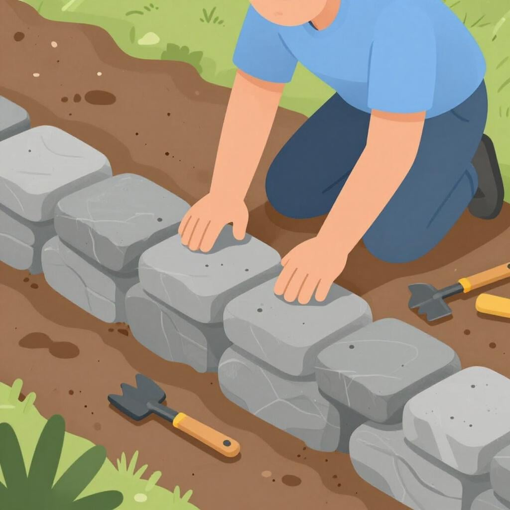 Uma pessoa ajoelhada no chão, colocando cuidadosamente pedras grandes para construir a base de um muro.