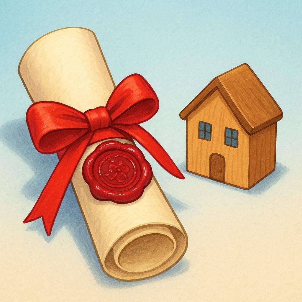 A formally rolled and tied parchment scroll, sealed with a prominent wax seal bearing a simple geometric shape, symbolizing a legal deed.