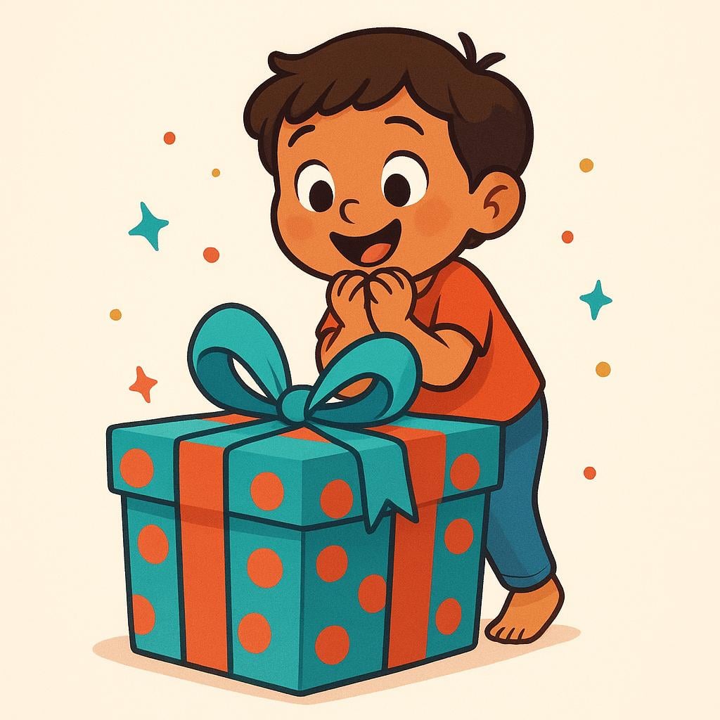 A smiling child standing on tiptoes, eagerly peering over a brightly colored gift box. The child looks highly excited and anticipatory.