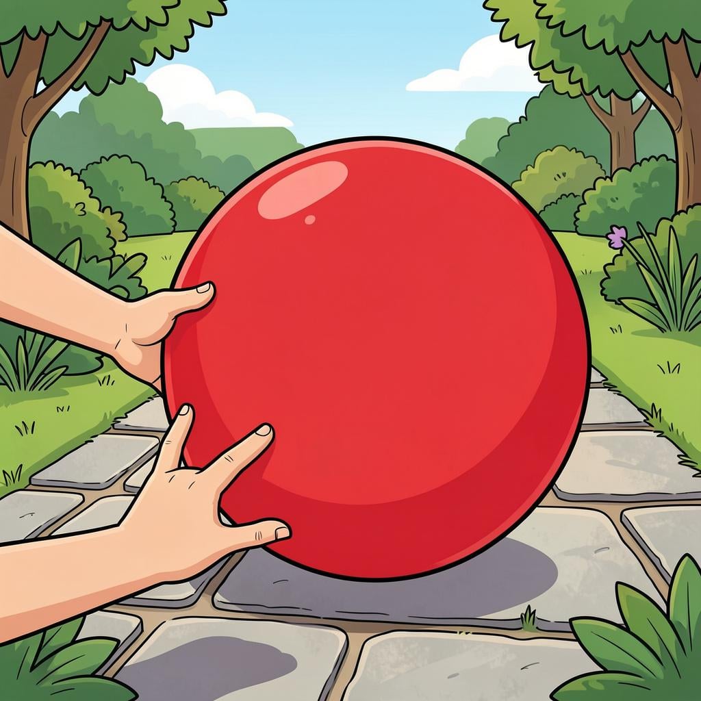 A hand pushing a large, bright beach ball to the side of a stone garden path.