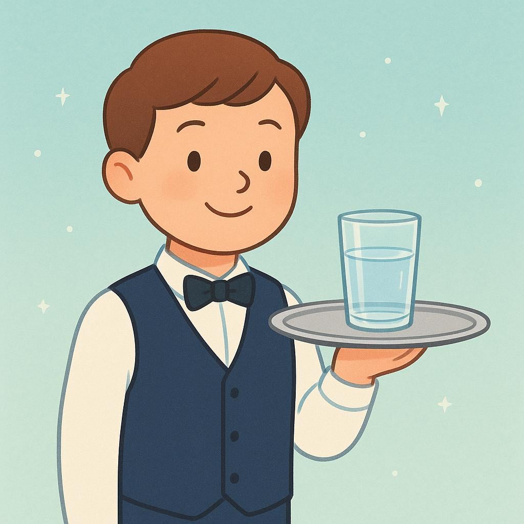 A person in a formal uniform holding a silver tray with a glass of water.