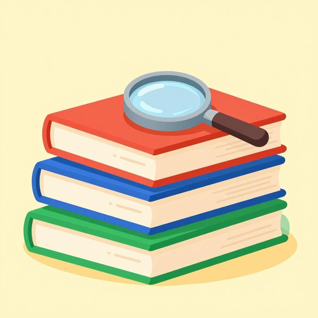 Une pile de livres scolaires colorés avec une loupe posée dessus pour représenter une matière scolaire.