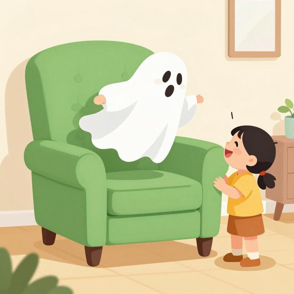 A child wearing a white sheet with eye holes jumping out from behind a large green armchair to surprise a friend.