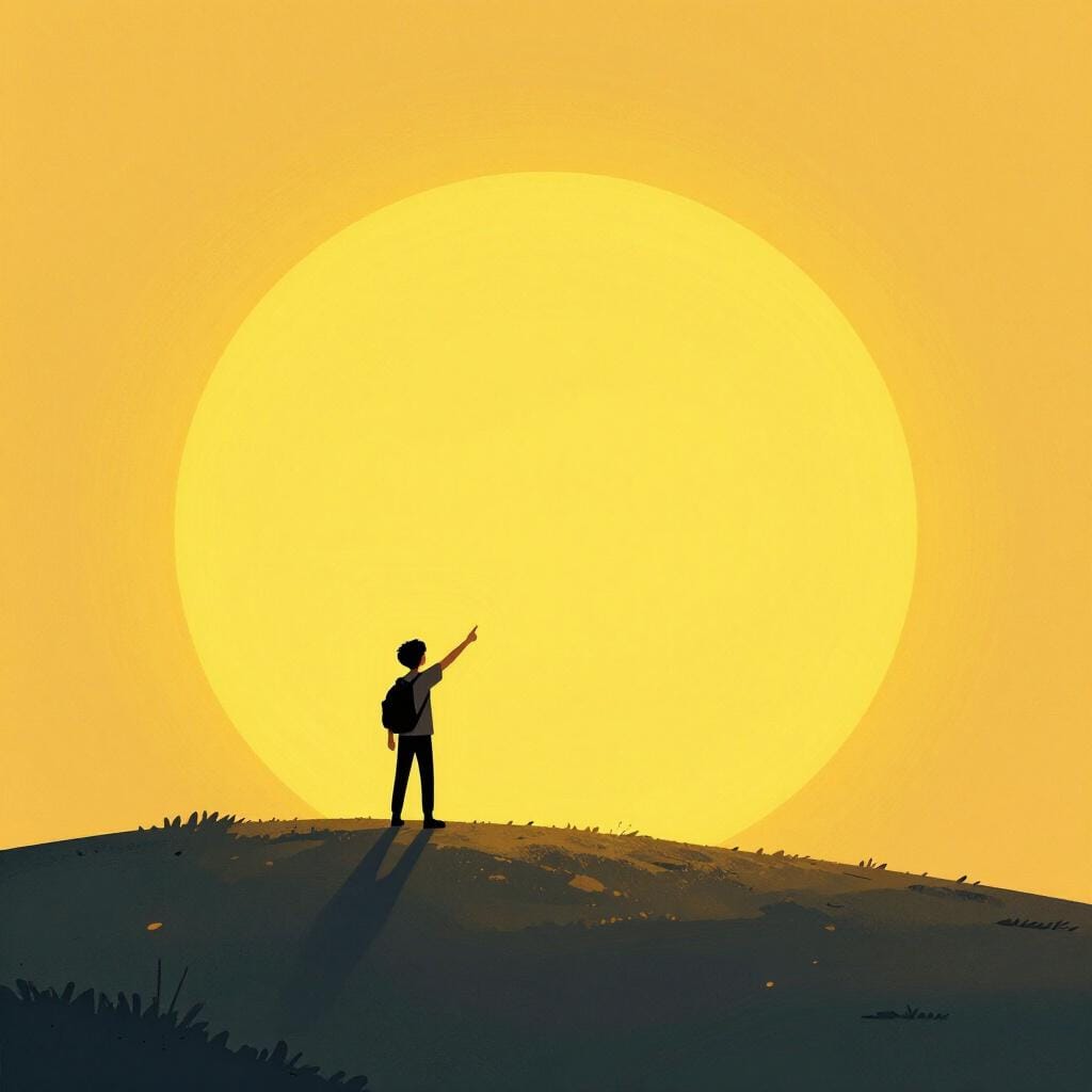 Eine kleine Person, die auf einem Hügel steht und nachdrücklich auf die riesige, unbestreitbare aufgehende Sonne am Horizont zeigt, was die Offensichtlichkeit verdeutlicht.