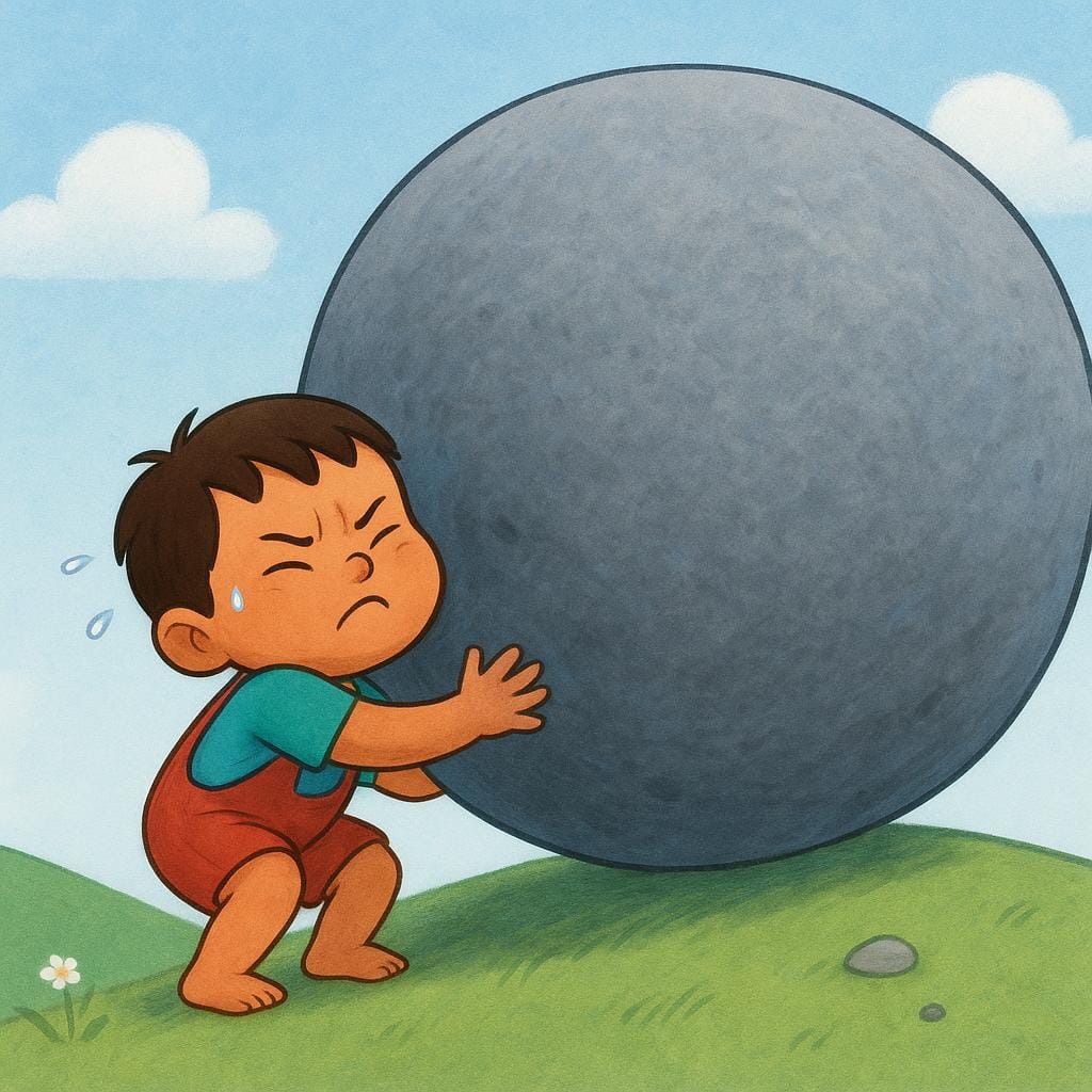A small child struggling and straining to lift a very large, heavy gray boulder.