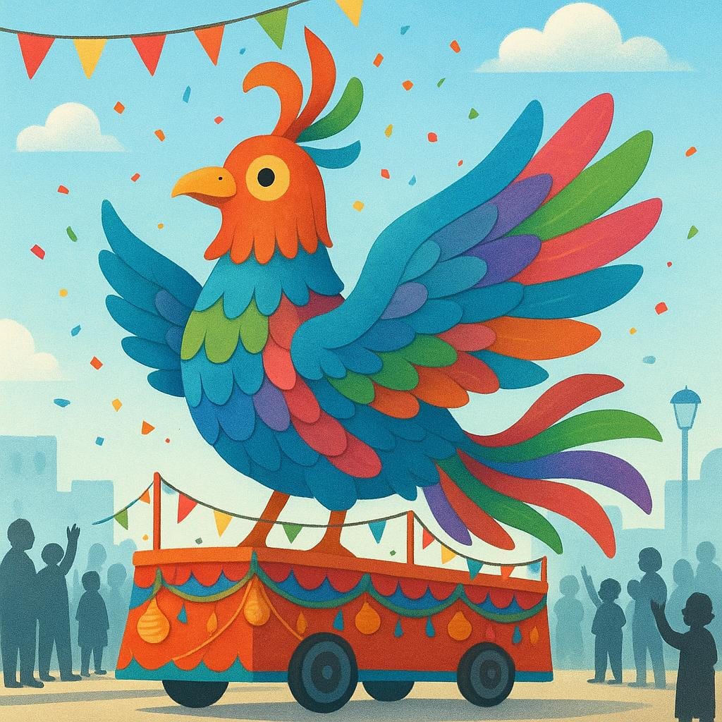 A cheerful scene showing a large, colorful parade float shaped like a giant animal moving down a street lined with cheering spectators, illustrating a public march.