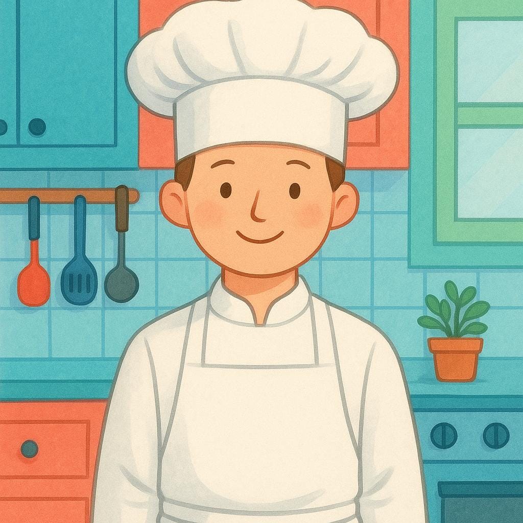 誇張して背の高い白いコック帽とエプロンを身に着けた単純化された人物が、シェフの役割を引き受けていることを示唆している。